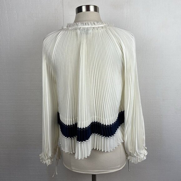 3.1 Phillip Lim Blouse L Womens Ivory Pleated Navy Stripe Tie Ruffle Classic - Picture 4 of 11